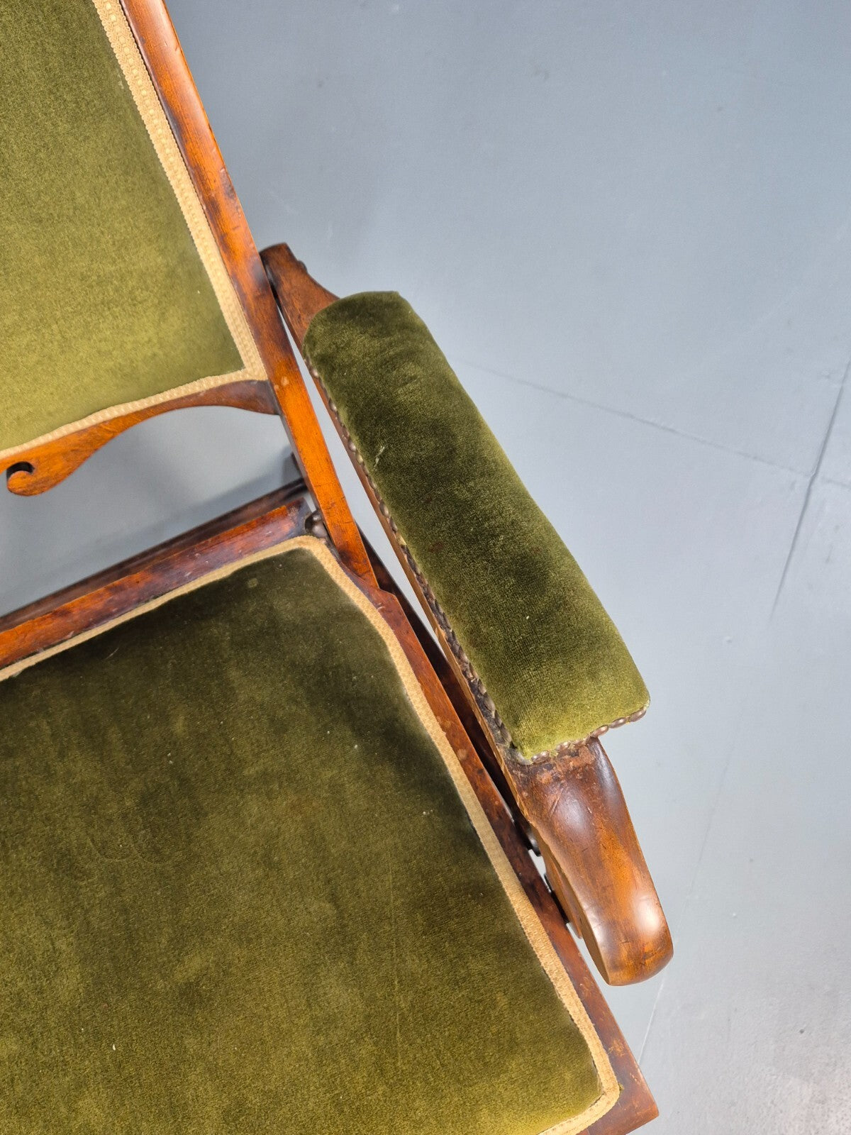 Antique Campaign Chair in Green Velour and Mahogany Victorian EB9696 VCLO - UKDK FURNITURE