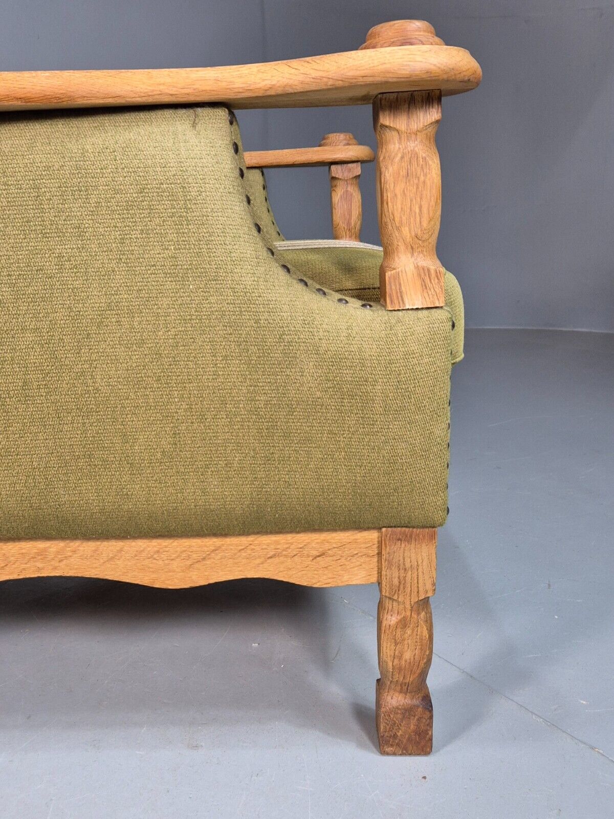 Vintage Danish Green Striped Wingback Armchair Oak Studded Skippers EB8044 MNOR - UKDK FURNITURE