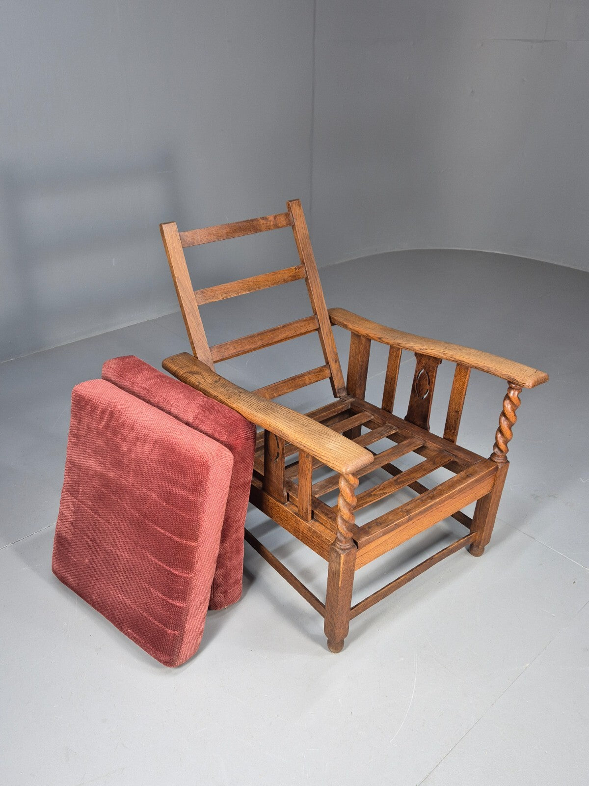 Vintage Antique Oak Reading Chair Deep Red Upholstery 1930s RedEB9457 VCLO - UKDK FURNITURE