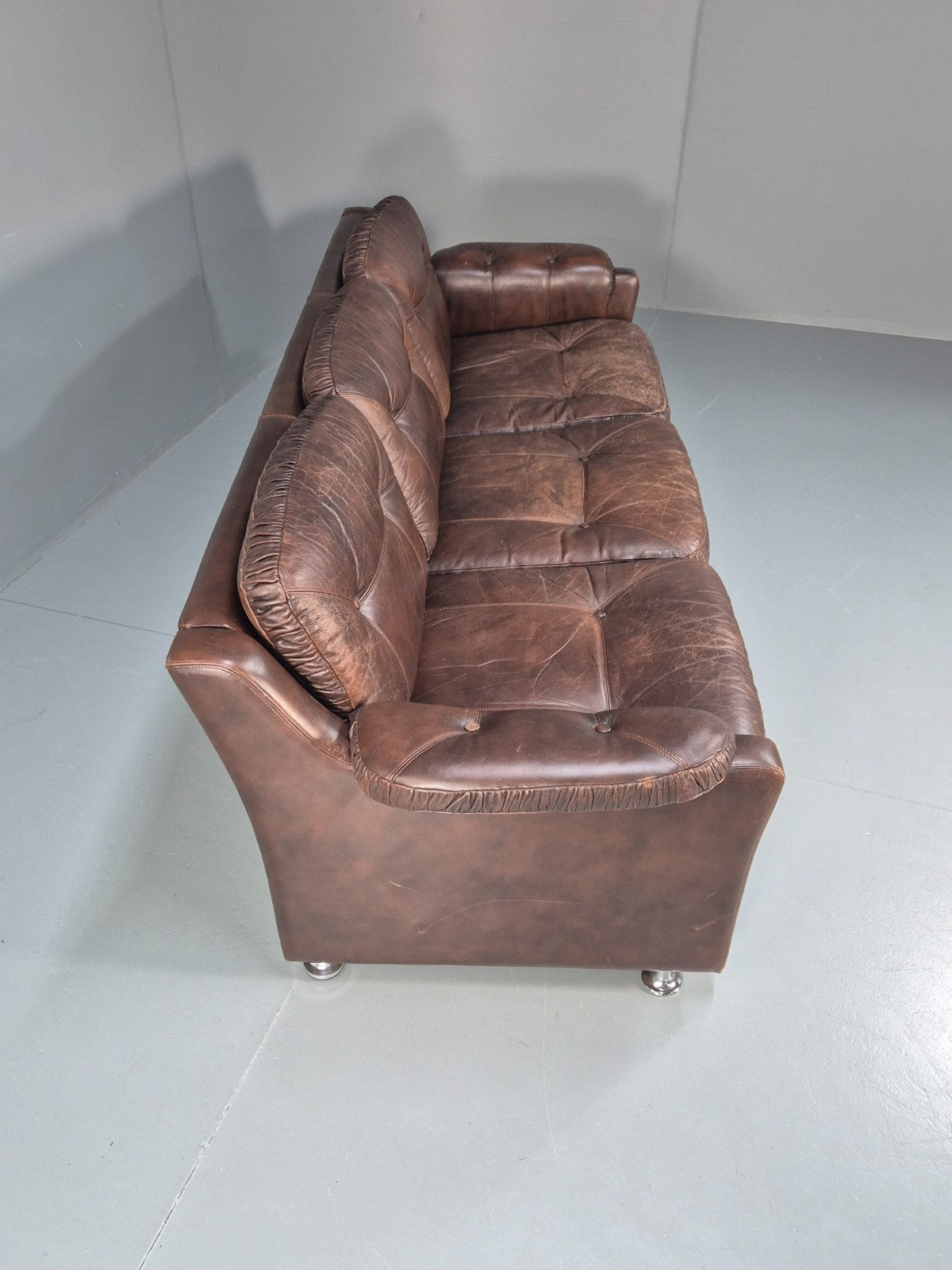 1970s Three Seat Retro Sofa Danish Brown Leather Vintage EB10687 V3SS13