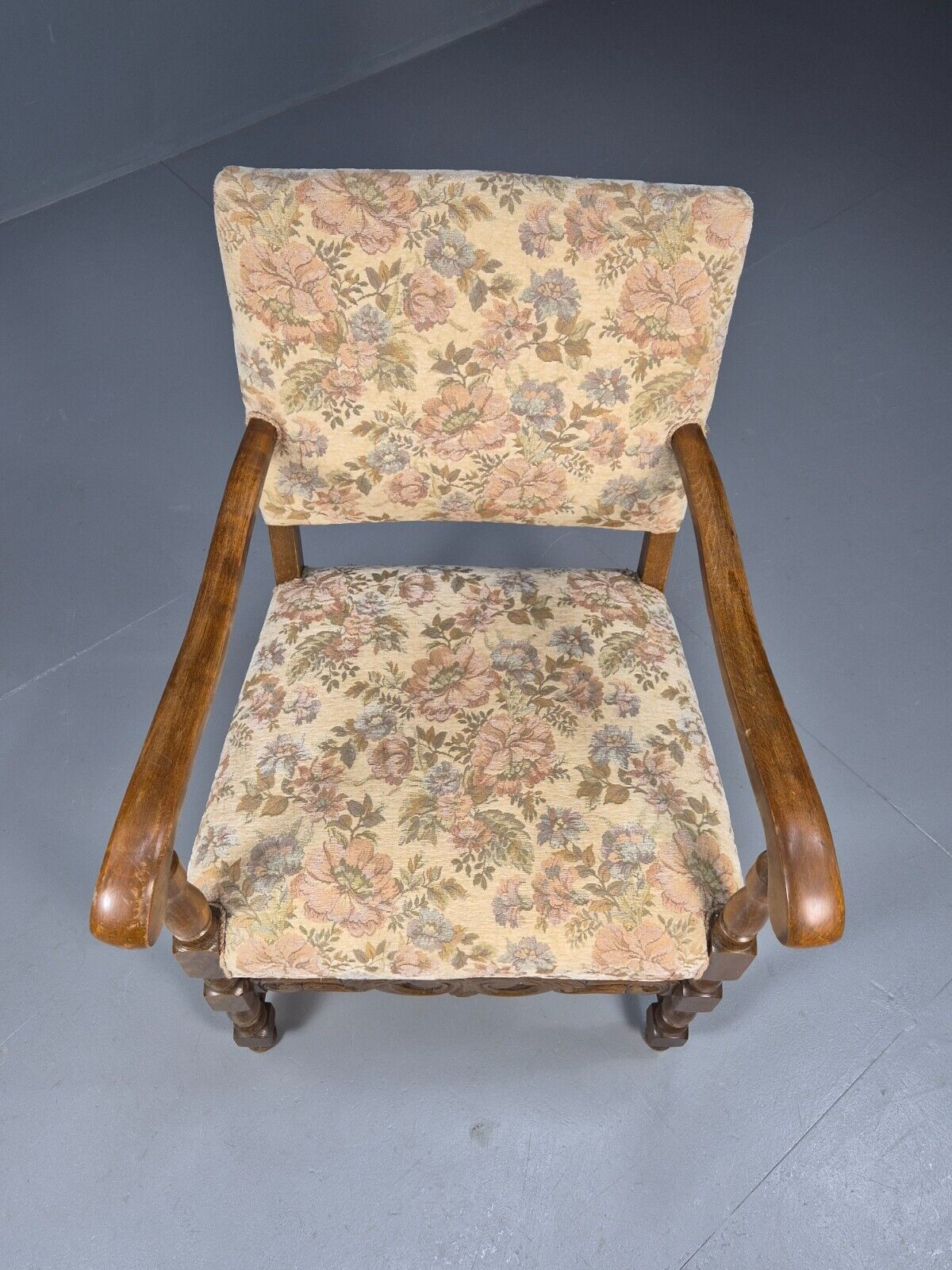 Vintage Danish Armchair Floral Cotton Oak Frame 17th Century Style EB8914 VCAR - UKDK FURNITURE