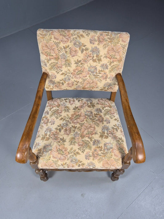 Vintage Danish Armchair Floral Cotton Oak Frame 17th Century Style EB8914 VCAR - UKDK FURNITURE