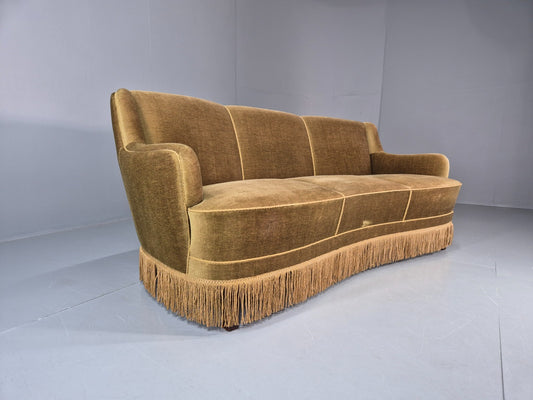 Vintage Danish Banana Sofa Green Velour Tassels 1960s Retro MCM EB10802 V3SS1