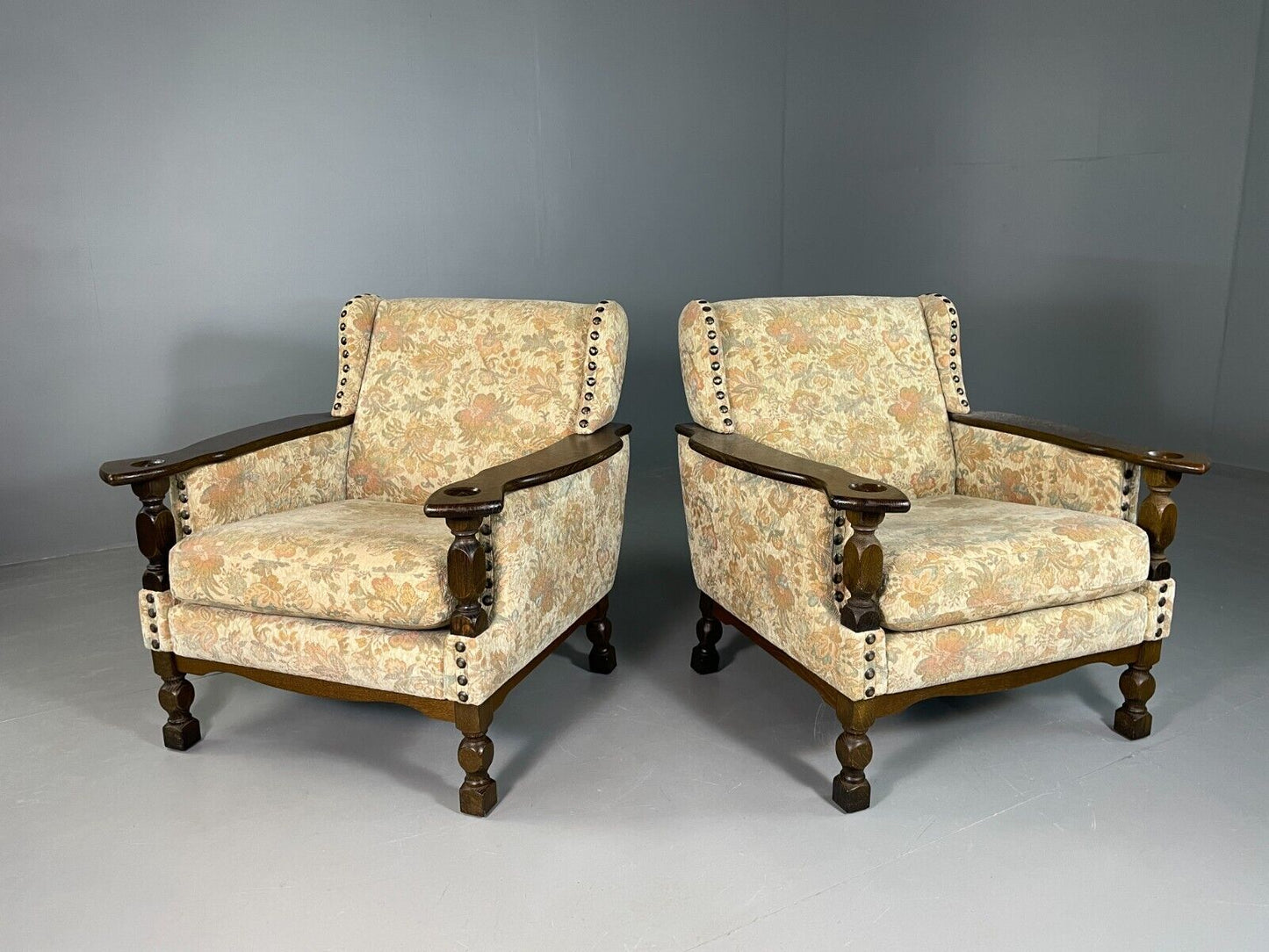 2 Vintage Danish Lounge Chairs Floral Cotton Oak Frame Retro EB6690 MNOR - UKDK FURNITURE