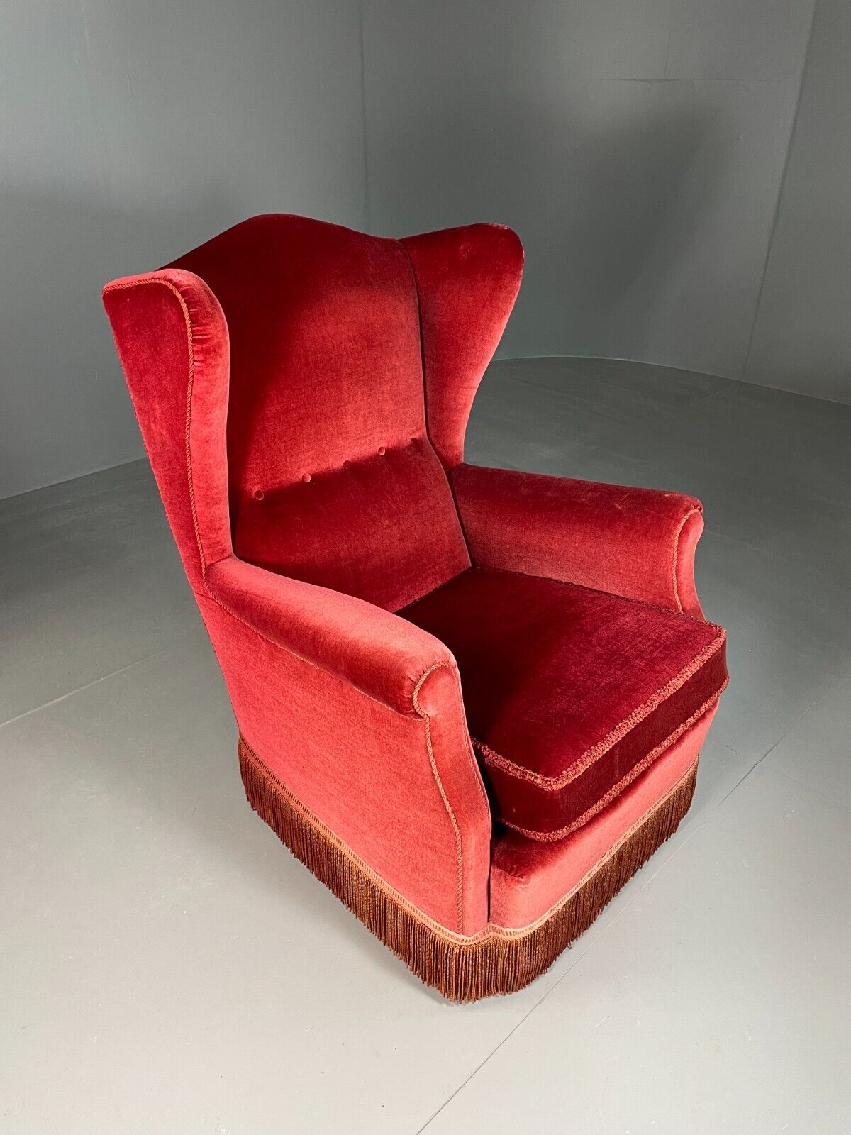 Vintage Danish Wingback Lounge Chair Red Velour Tassels 1940s Retro EB6450 VCLO - UKDK FURNITURE