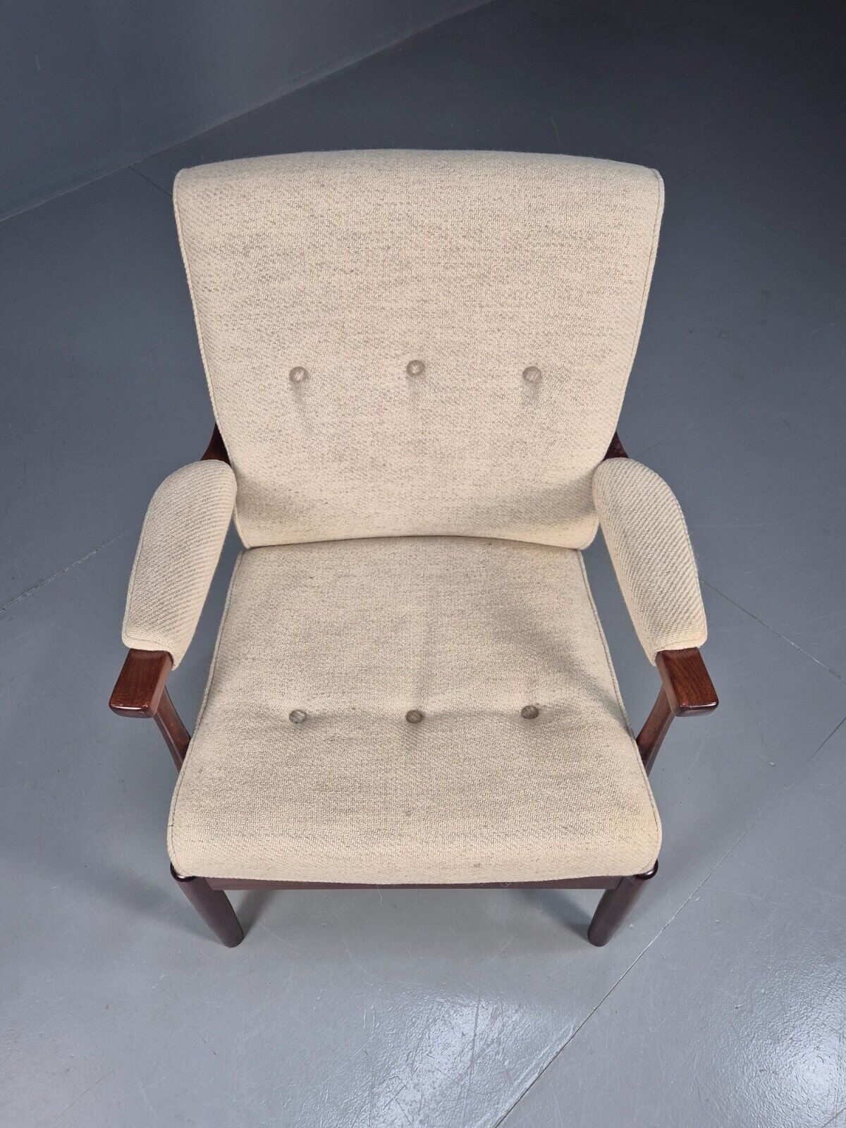 Vintage Danish Lounge Chair Beige Wool Wood Frame 1970s Retro EB8539 MNOR - UKDK FURNITURE