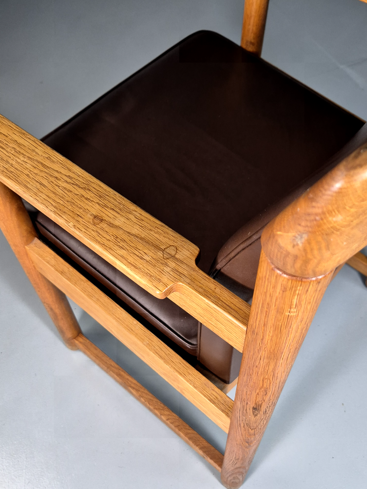 Vintage Scandinavian Elbow Chair Brown Leather Oak Frame Retro MCM EB7021 MNOR - UKDK FURNITURE