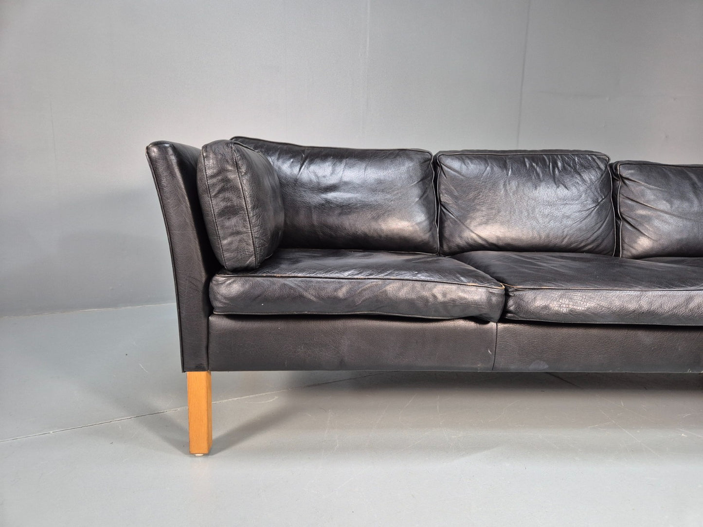 Mid Century Three Seater Sofa Vintage Danish Black Leather Retro EB10114 M3SS2