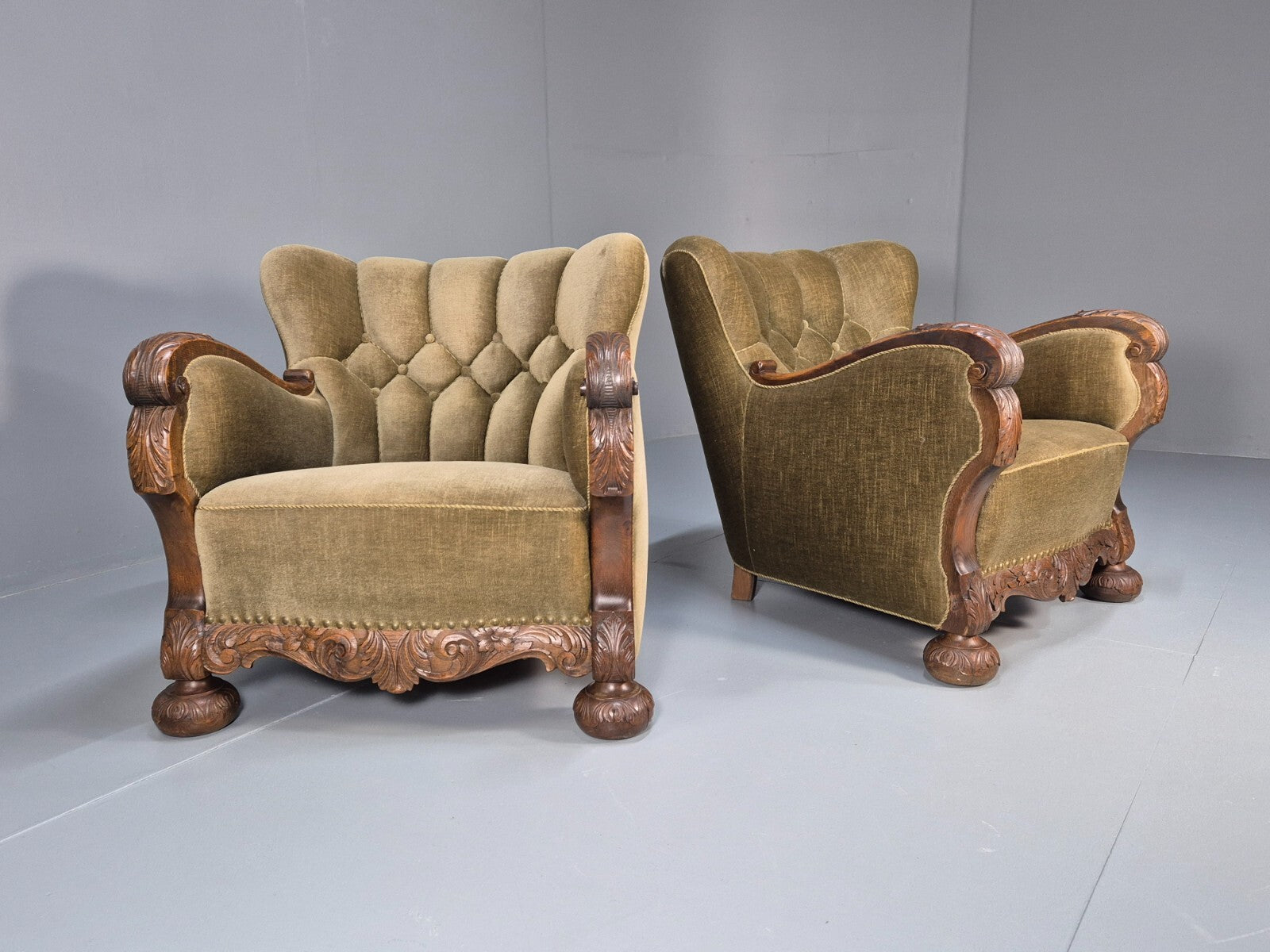 2 Antique Carved oak Danish Lounge Chairs Mink Velour Fan Back 1930s EB9557 VCLO - UKDK FURNITURE