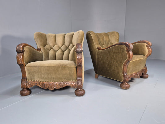 2 Antique Carved oak Danish Lounge Chairs Mink Velour Fan Back 1930s EB9557 VCLO - UKDK FURNITURE