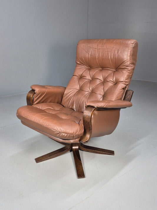 Vintage Danish Brown Leather & Vinyl Bentwood Swivel Chair Retro EB8480 MSWI - UKDK FURNITURE