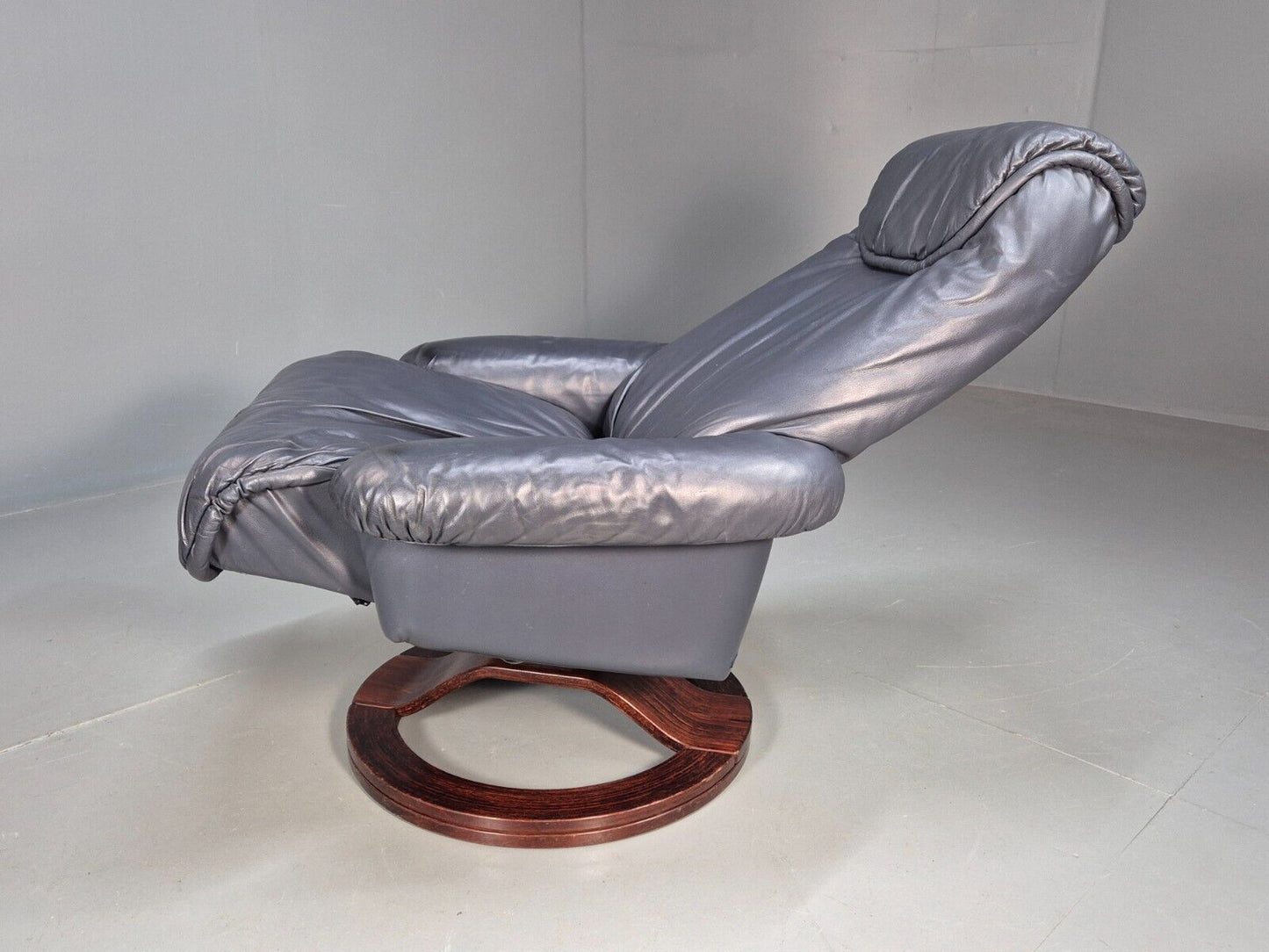 Vintage Danish Swivel Chair Blue Grey Leather Reclines 1980s Retro Eb8465 MSWI - UKDK FURNITURE