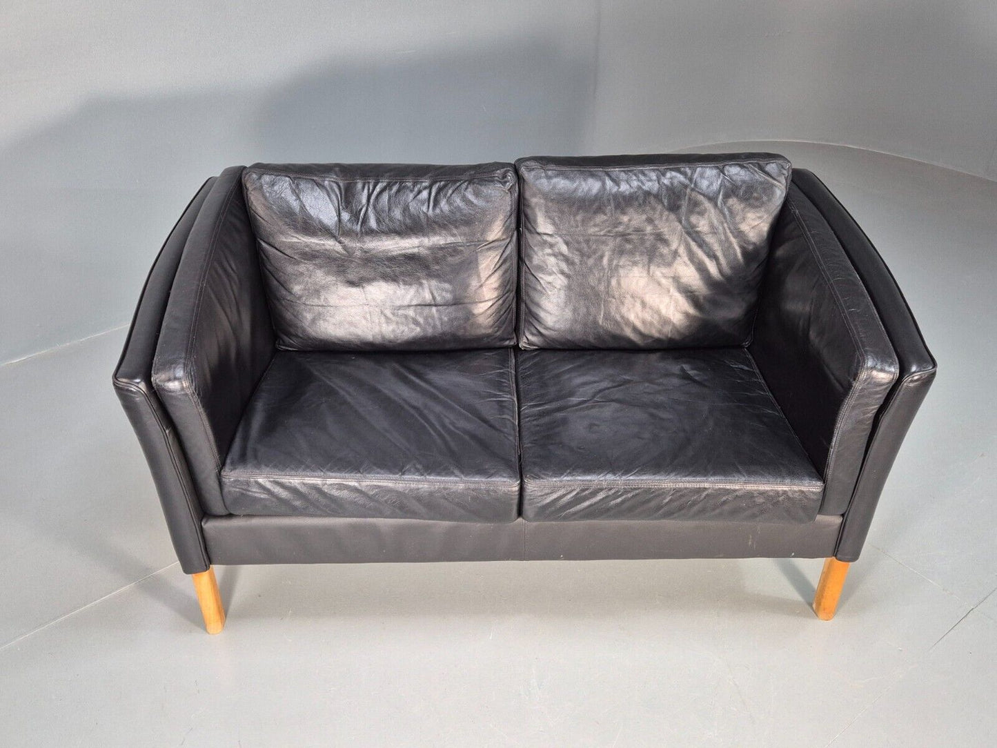 Vintage Danish 2 Seat Sofa Black Leather 1980s Retro MCM EB8697 M2SS - UKDK FURNITURE