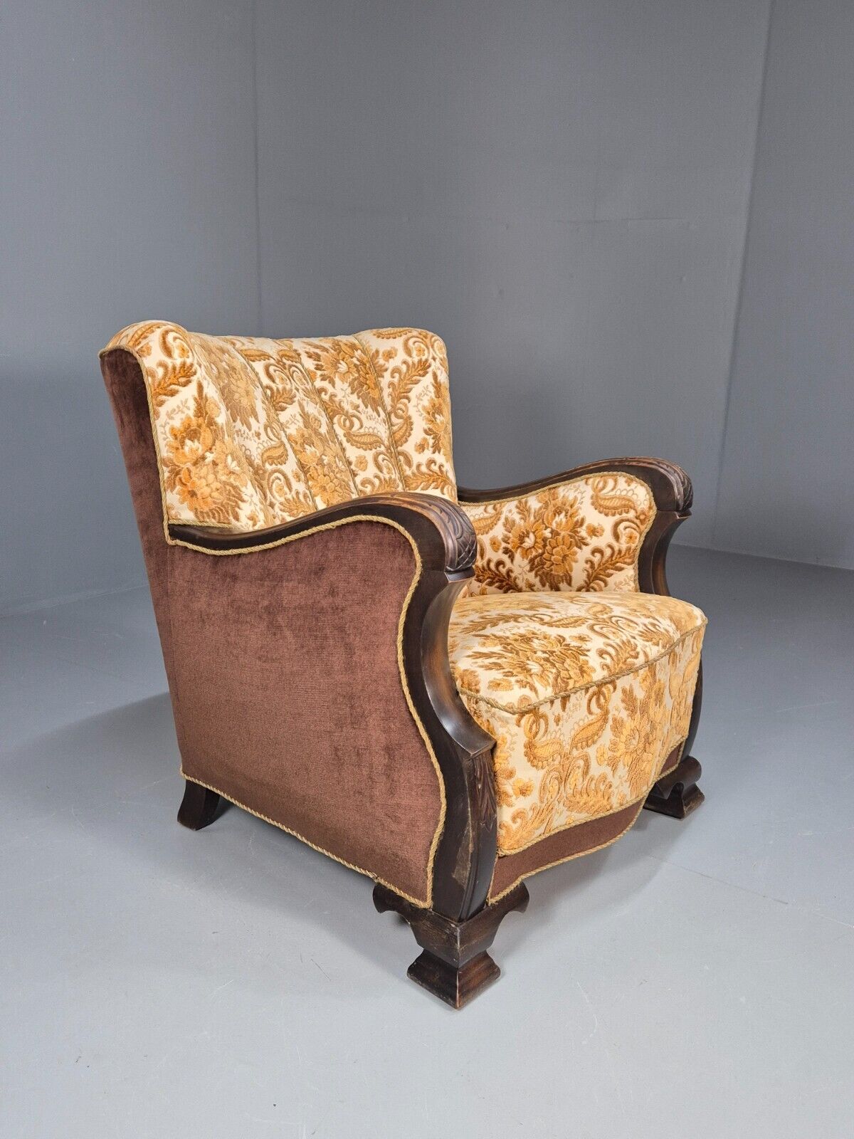 Vintage Danish Lounge Chair Oranges and browns Carved Wood 1950s EB8931 VCLO - UKDK FURNITURE
