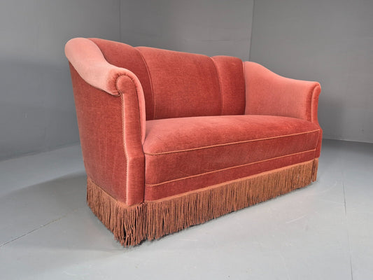 Vintage Art Deco Danish 2 Seat Sofa Pink Velour Tassels 1940s EB9666 V2SS - UKDK FURNITURE