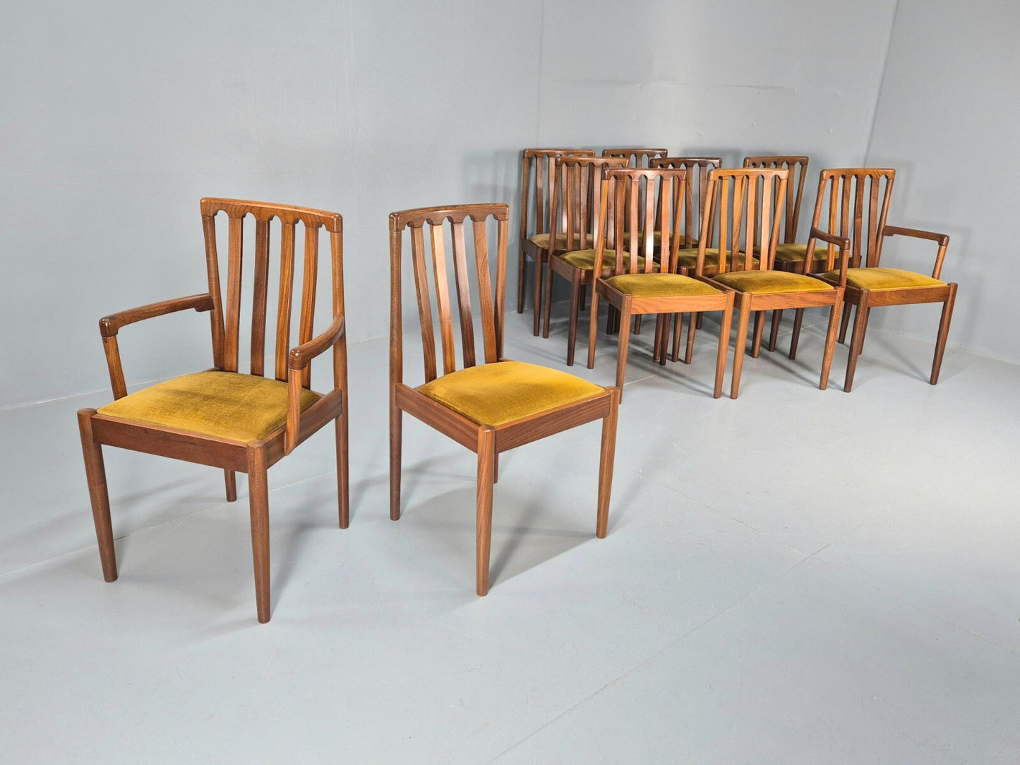 10 Vintage Meredew Teak Dining Chairs Gold Velour Upholstery 1970s EB9411 MDIN - UKDK FURNITURE