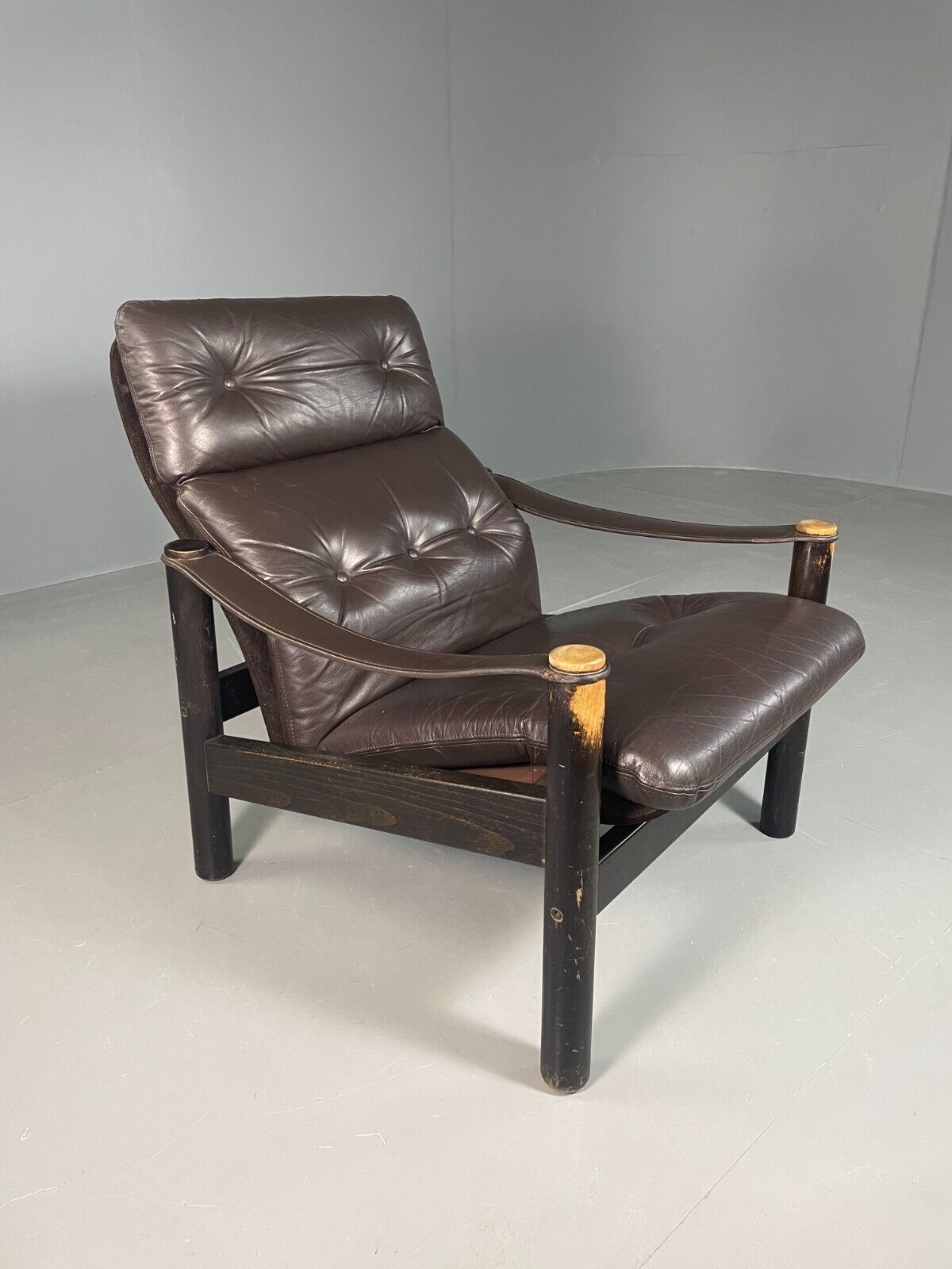 Vintage Danish Lounge Chair Brown Leather Sling Arms Retro MCM EB6867 MNOR - UKDK FURNITURE