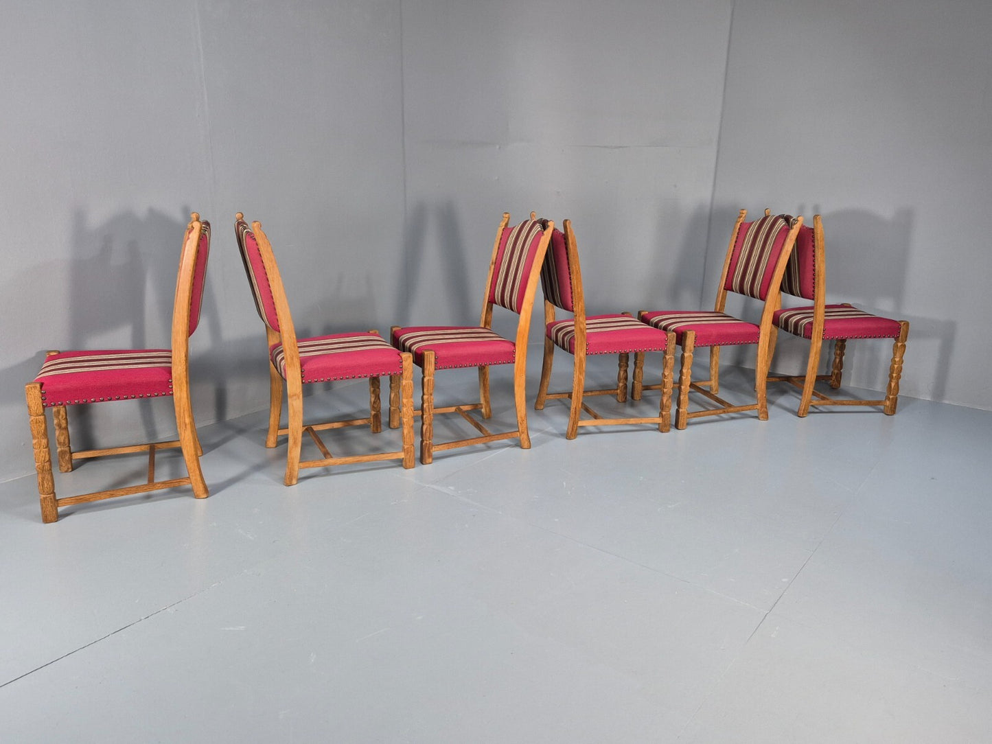 6 Vintage Kjaernulf Style Dining Chairs Oak Red Wool 1970s Retro EB9535 MDIN - UKDK FURNITURE
