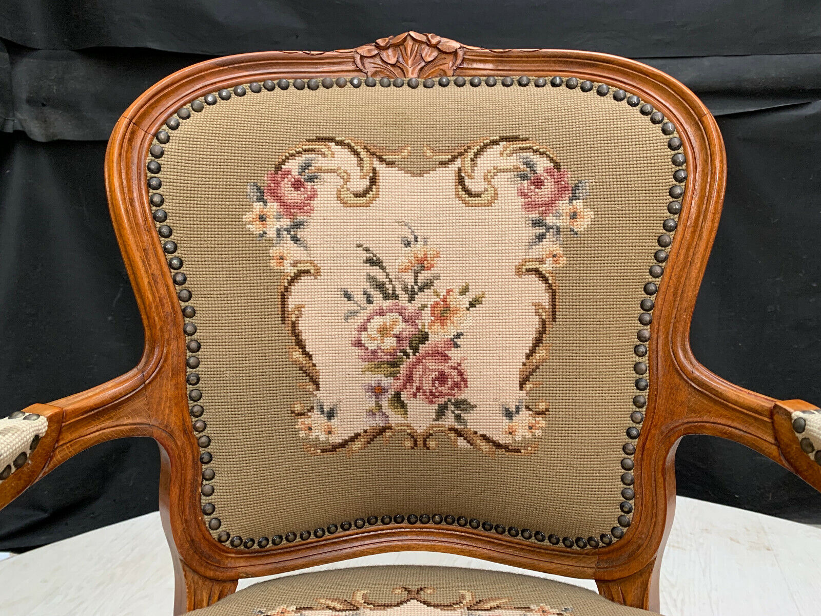 Danish Carved Beech & Beige Floral Wool Arm Chair Vintage Lounge EB2515 VCAR - UKDK FURNITURE