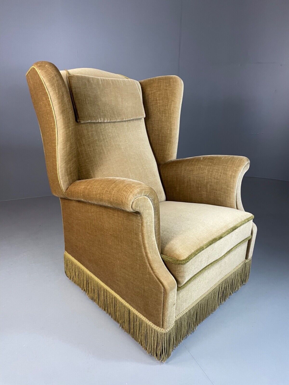 EB4894 Vintage Danish Olive Green Wingback Armchair, tassel, 1950s, 1960s VCLO - UKDK FURNITURE