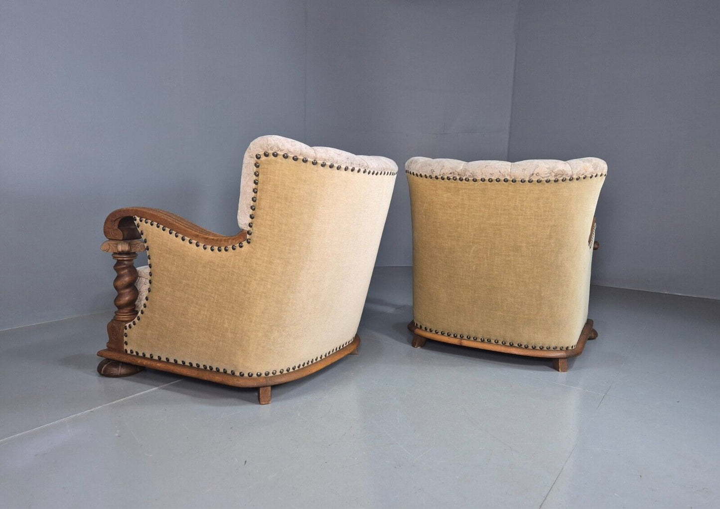 2 Vintage Danish Lounge Chair Floral Cotton Oak Detailing Antique Deco 1920 VCLO - UKDK FURNITURE