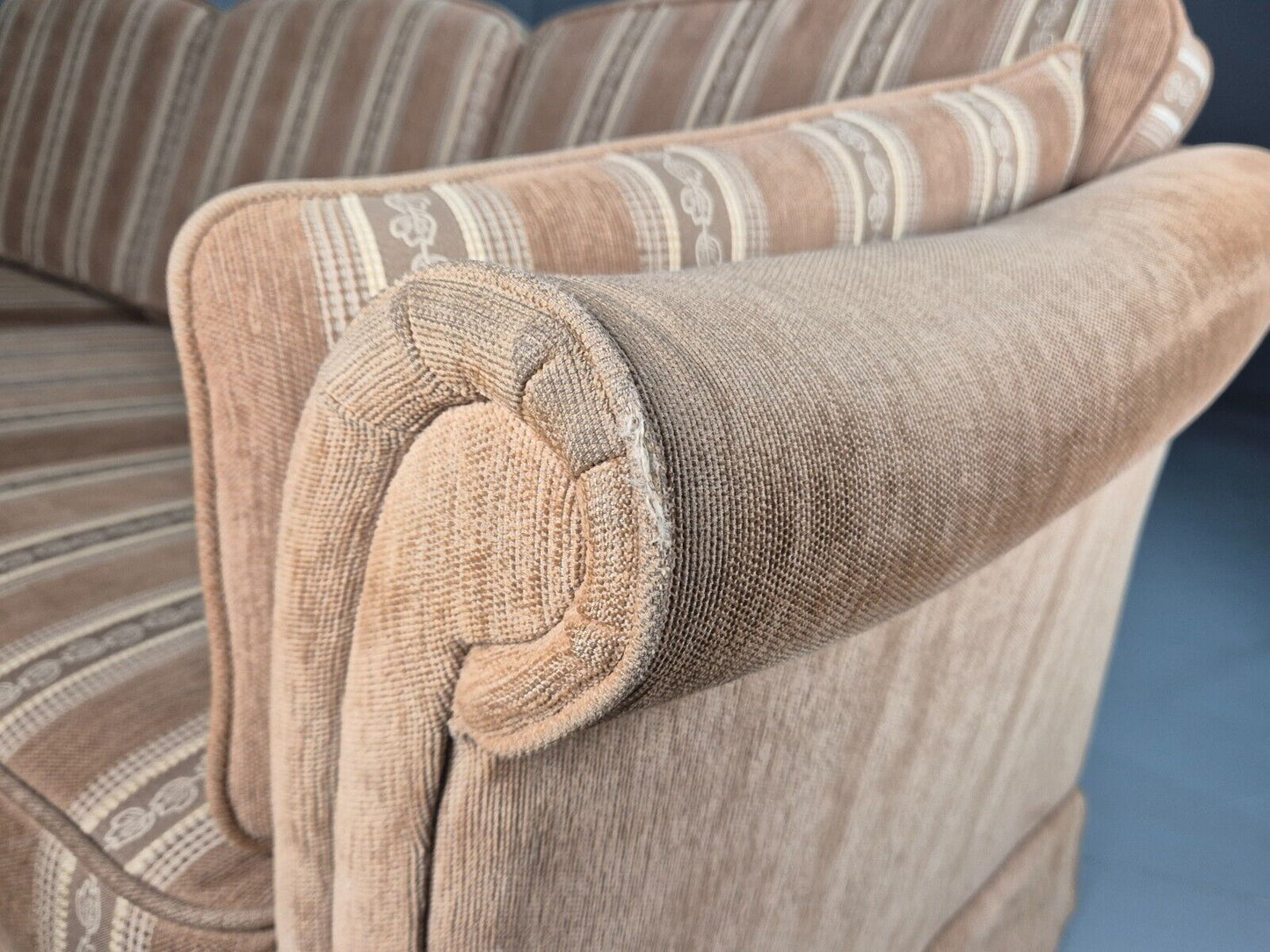 Modern Danish 3 Seat Sofa Beige Brown Striped Cotton Fabric Beech EB8026 M3SS - UKDK FURNITURE