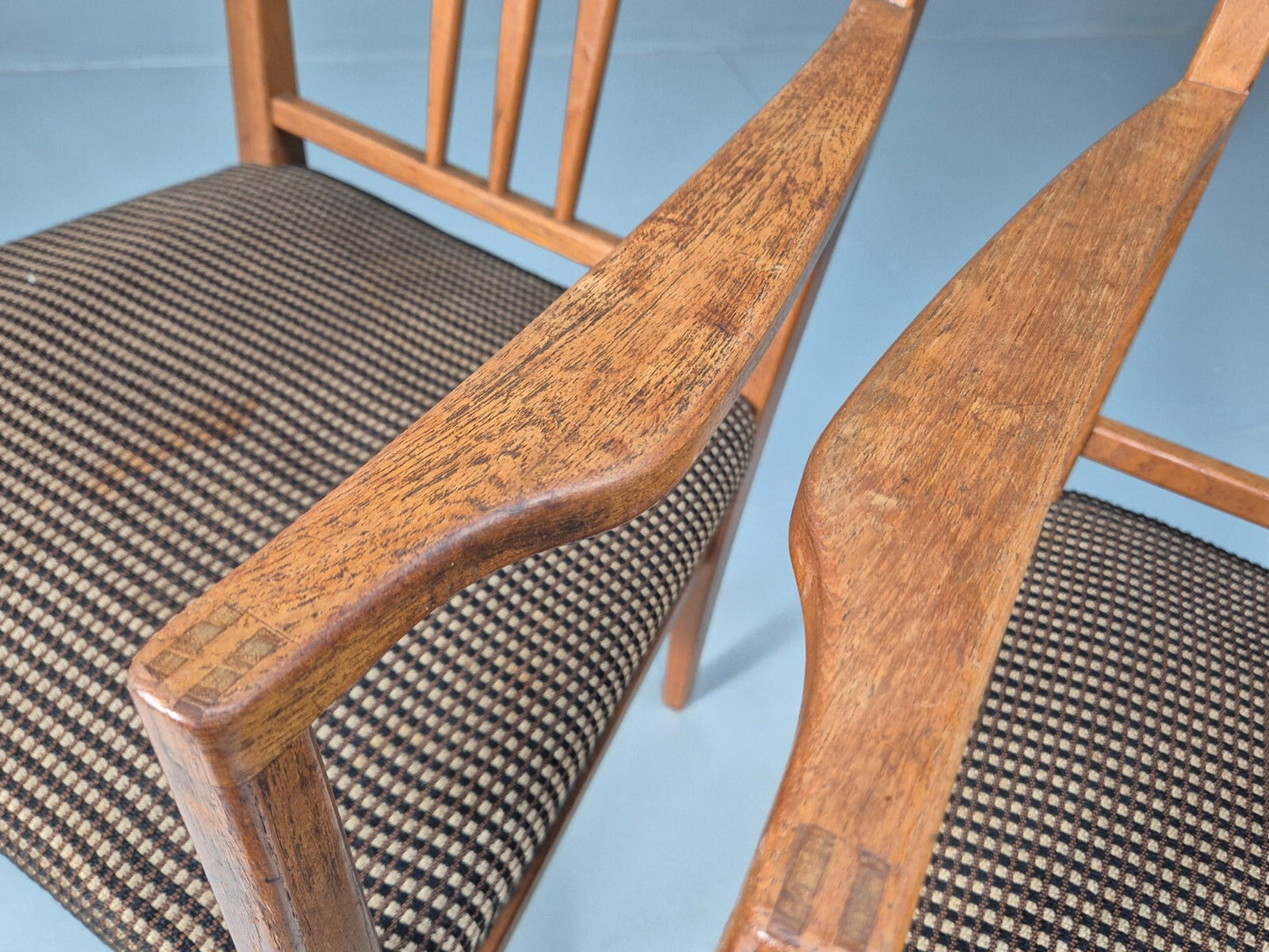 2 Gordon Russell Carver Dining Chairs Teak Green and Cream Wool MCM EB9748 MDIN - UKDK FURNITURE