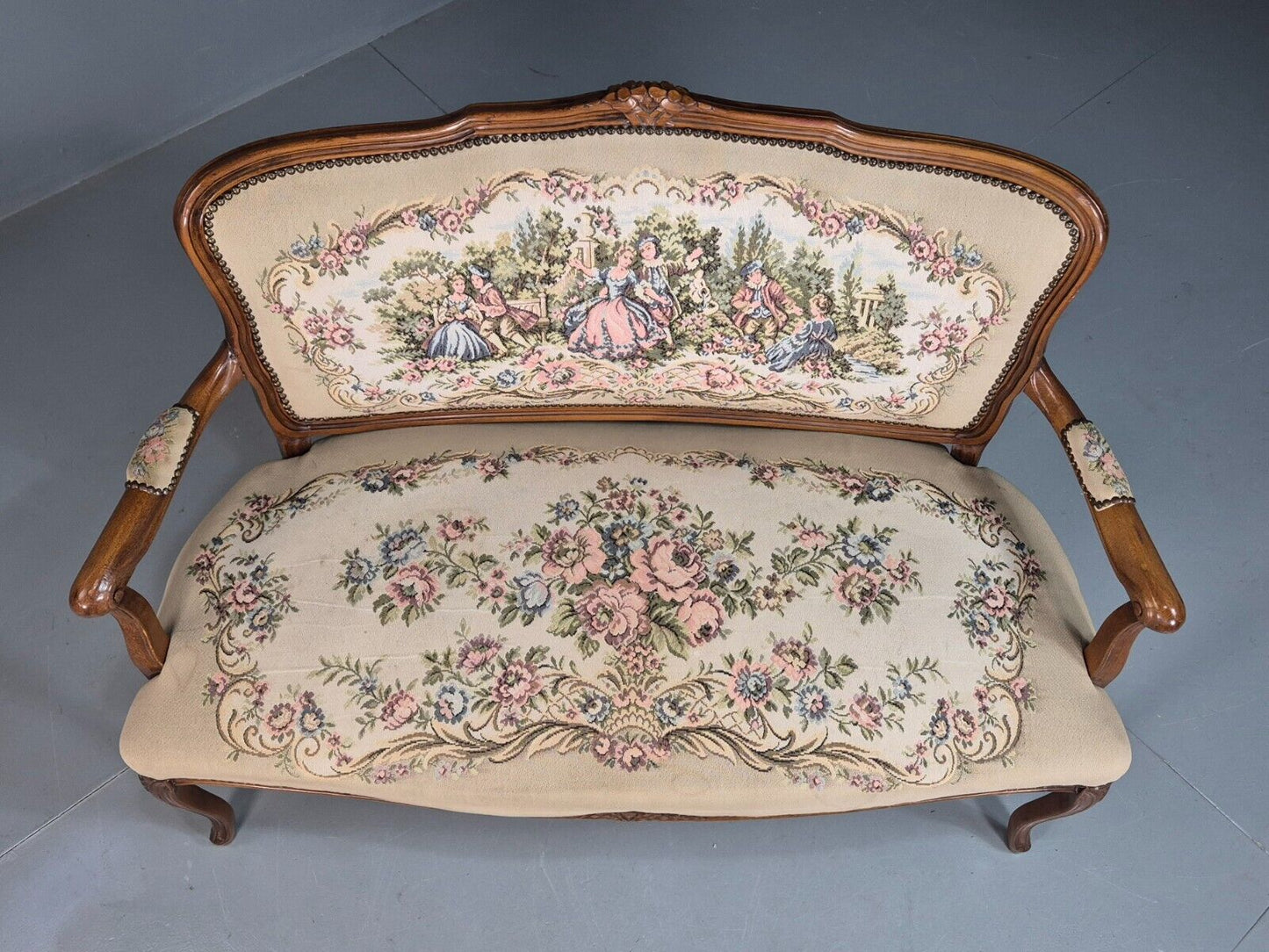 Vintage Danish 2 Seat Open Arm Sofa French Regency Style Embroidery EB8074 V2SS - UKDK FURNITURE