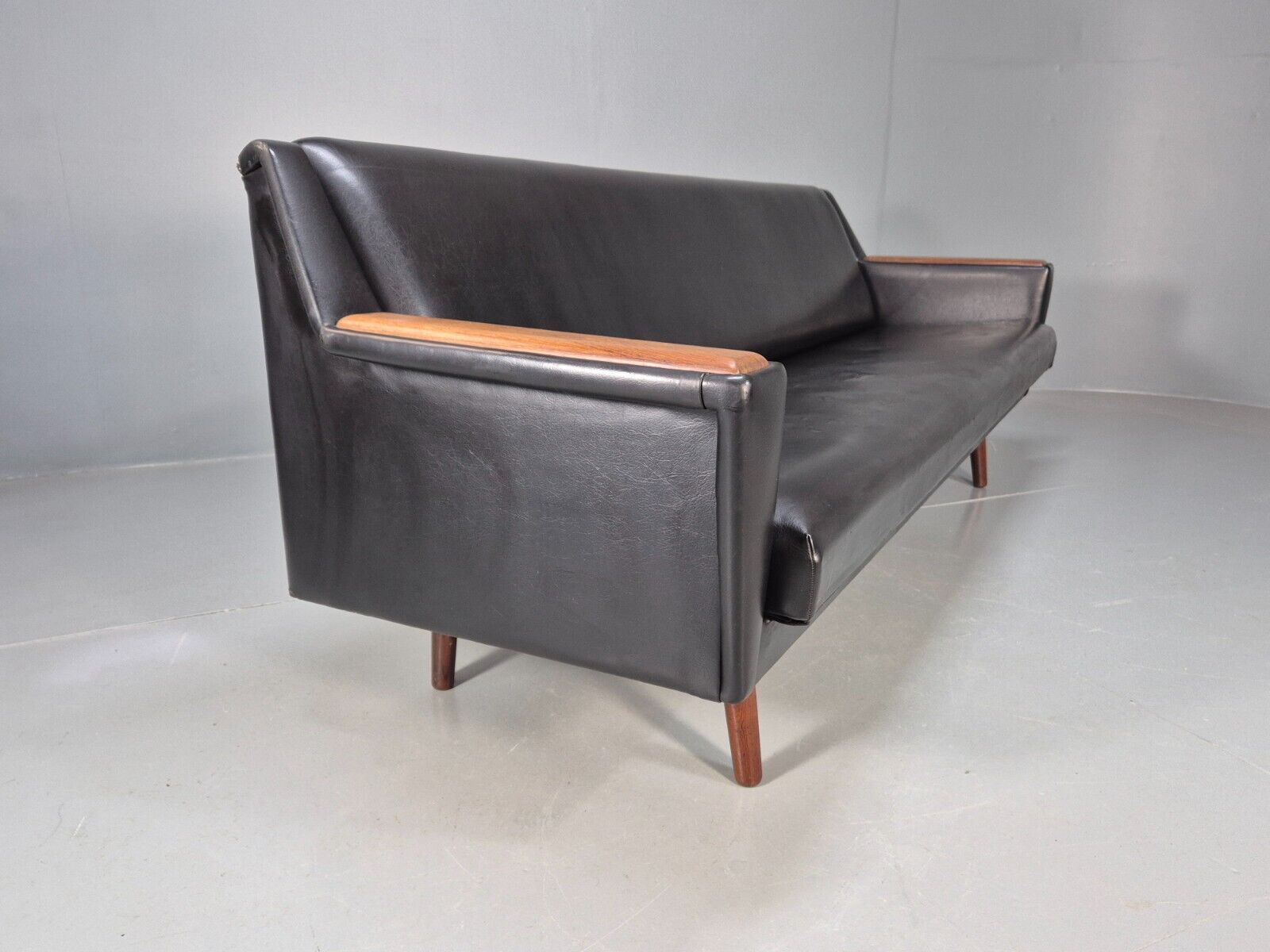 Vintage Danish Sofa Bed Black Vinyl Teak Paws Legs Reupholstery MCM EB7273 M4SS - UKDK FURNITURE