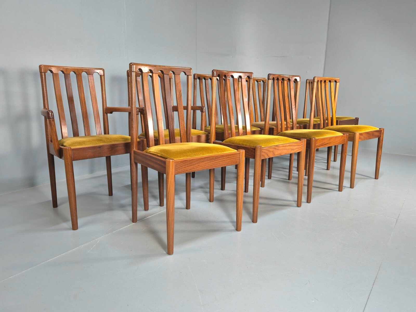 10 Vintage Meredew Teak Dining Chairs Gold Velour Upholstery 1970s EB9411 MDIN - UKDK FURNITURE