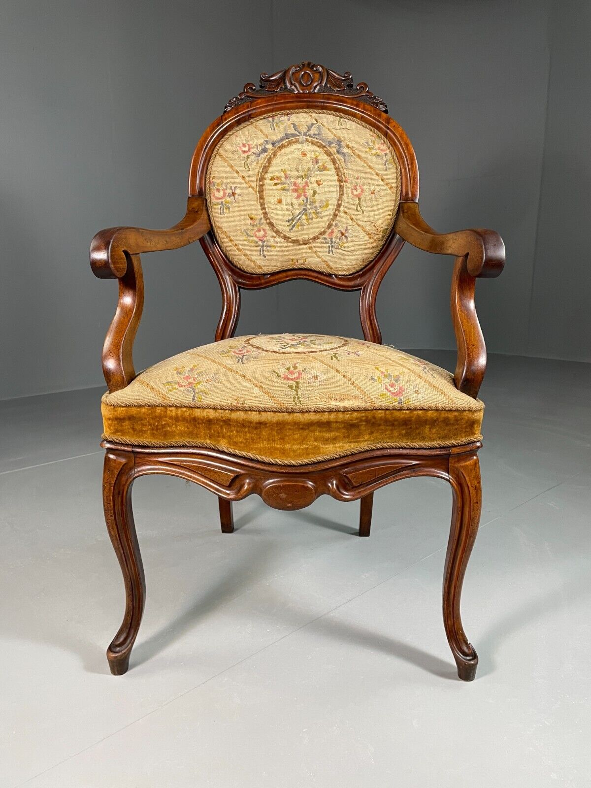Vintage Danish Fauteuil Chair Mahogany Floral Tapestry Antique EB6453 VCLO - UKDK FURNITURE