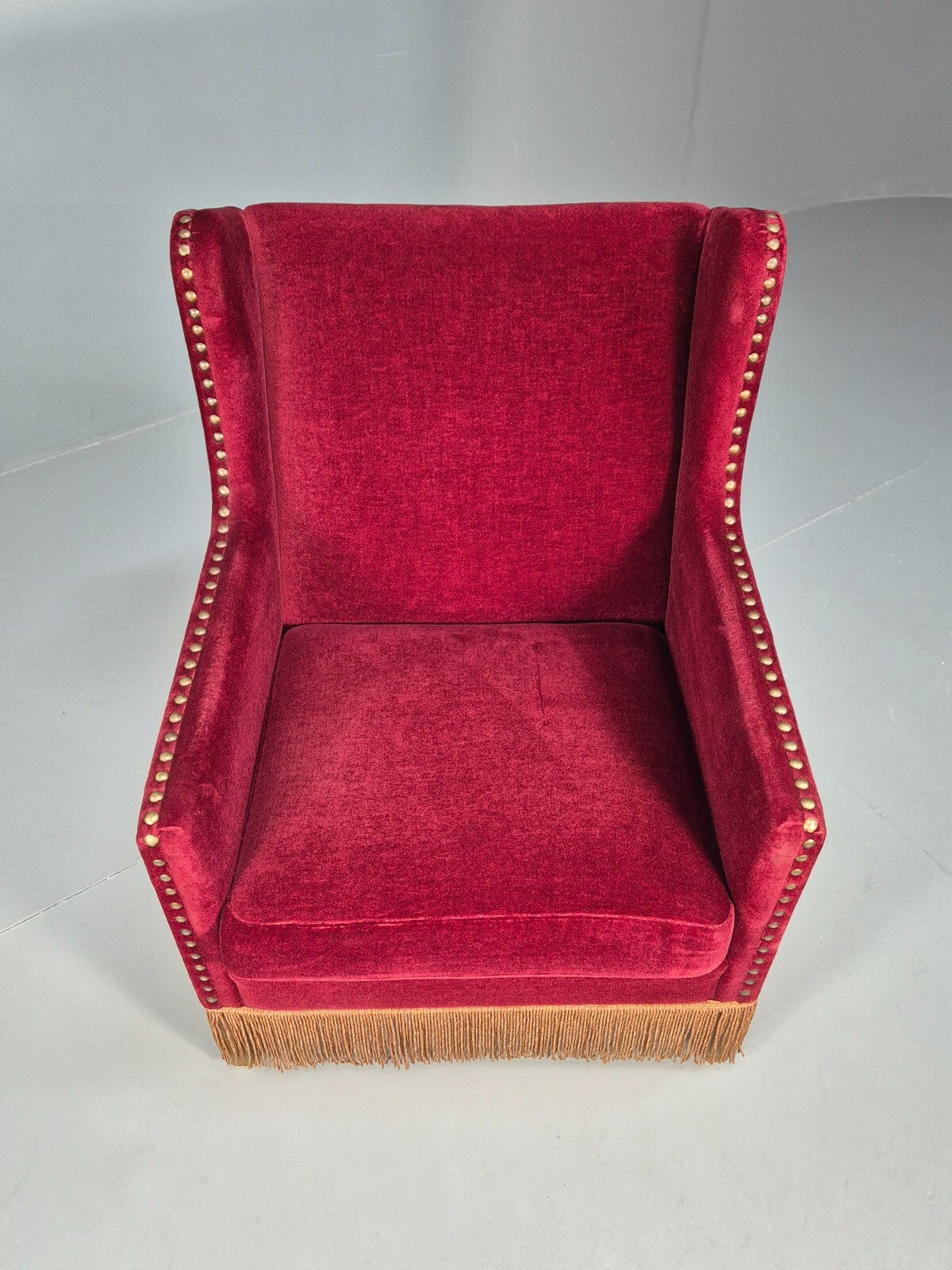 Vintage Danish Wingback Lounge Chair Red Velour Tassels 1940s Retro EB9614 VCLO - UKDK FURNITURE