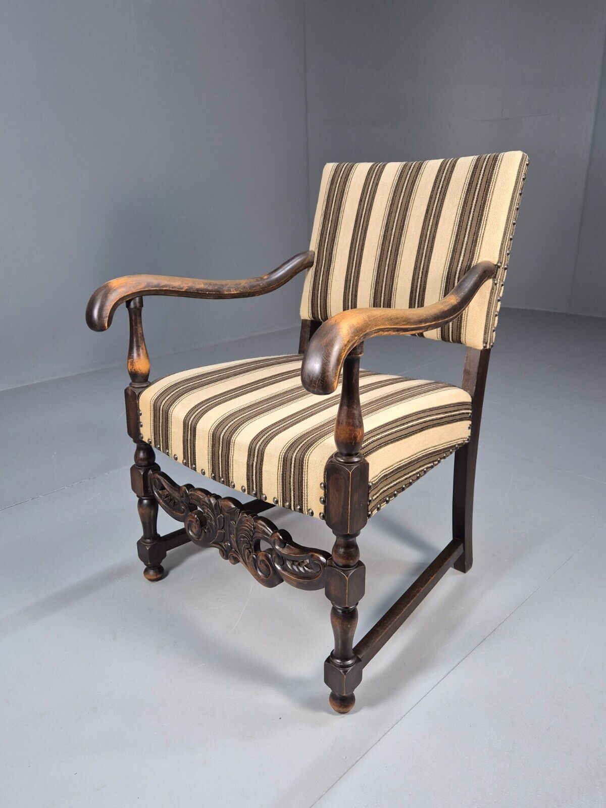 Vintage Danish Baroque Style Elbow Chair Striped Wool Upholstery EB9383 VCAR - UKDK FURNITURE