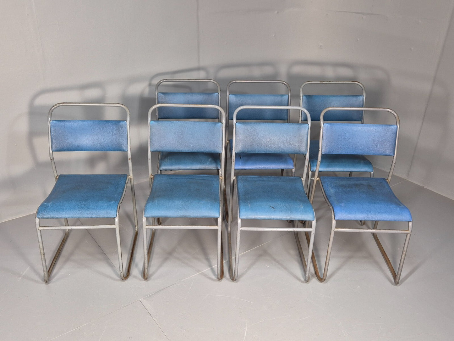 7 1950s Stacking Village Hall Chairs PEL style models in Blue Vinyl EB9470 MSTA - UKDK FURNITURE