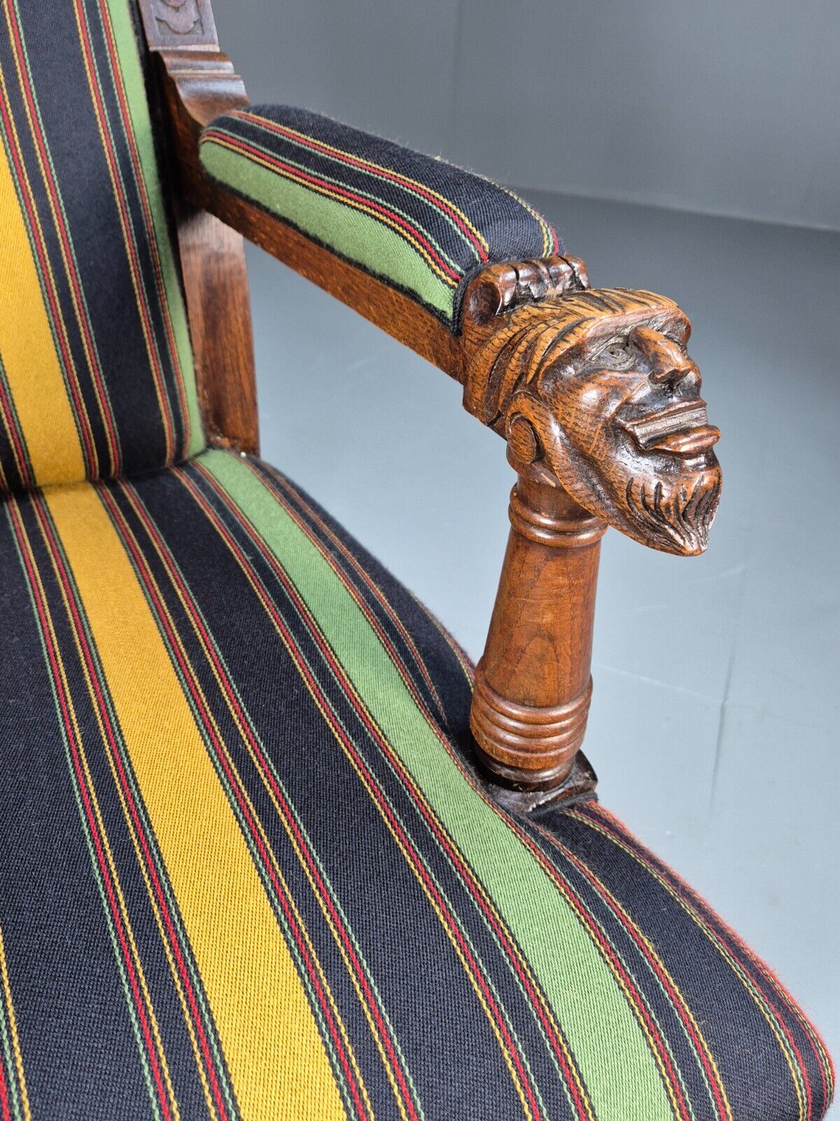 Vintage Danish Lounge Chair Multicoloured Carved Oak Figures Antique EB8951 VCLO - UKDK FURNITURE