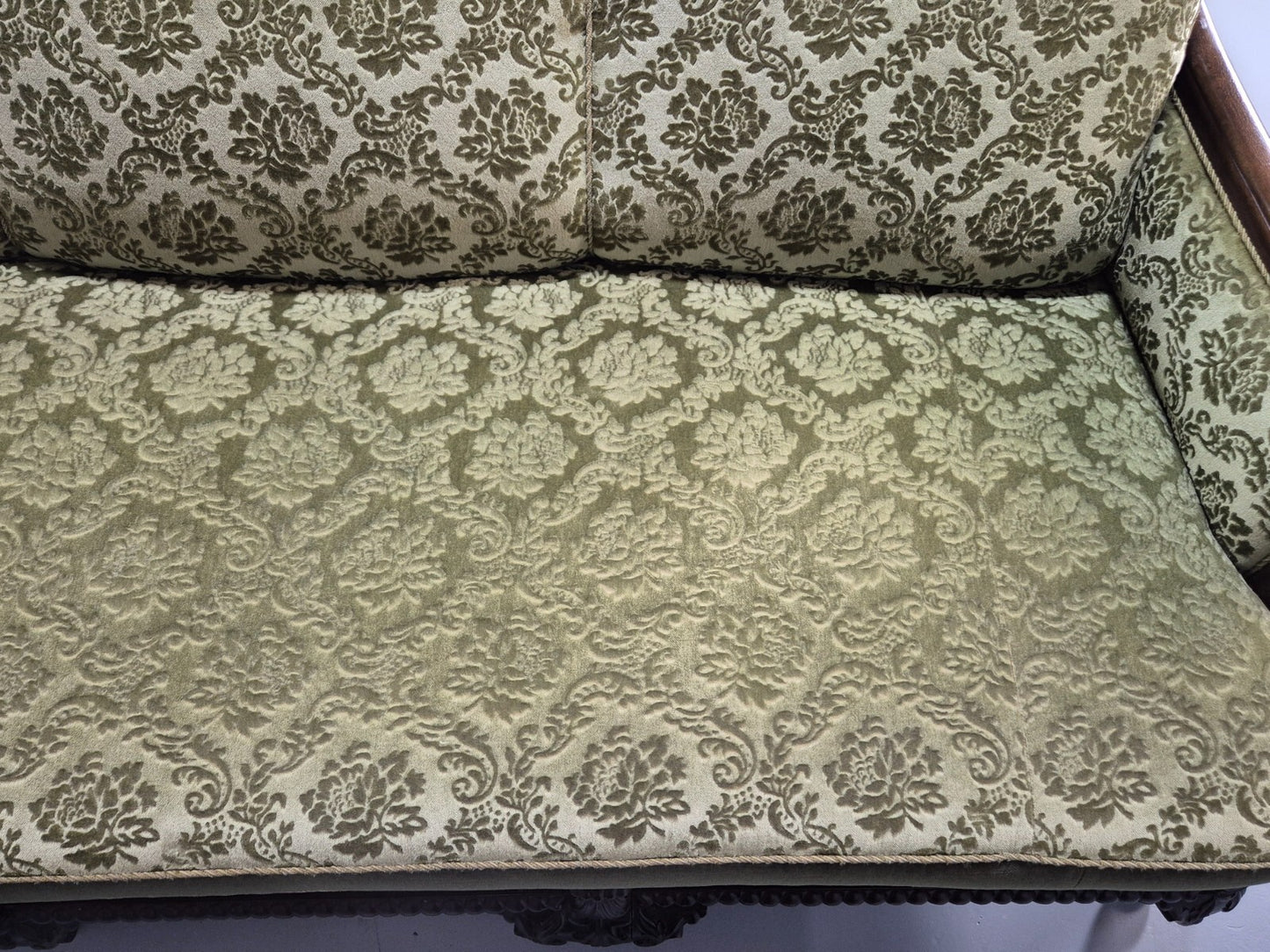 Antique Danish Baroque Style 3 Seat Sofa Green Moquette Carved Wood EB9636 V3SS - UKDK FURNITURE