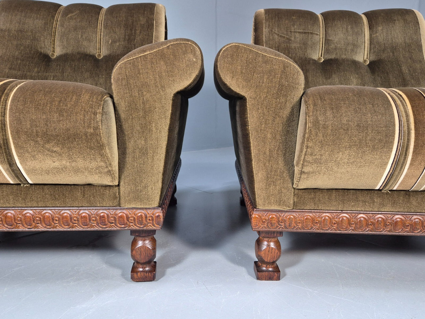 2 Vintage Danish Green Velour Armchairs Oak trim 1970 Quality Retro EB9027 VCLO - UKDK FURNITURE