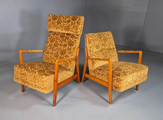 2 Swedish Lounge Chairs Gold Floral Moquette Beech Vintage 1960s MCM EB7031 MNOR1