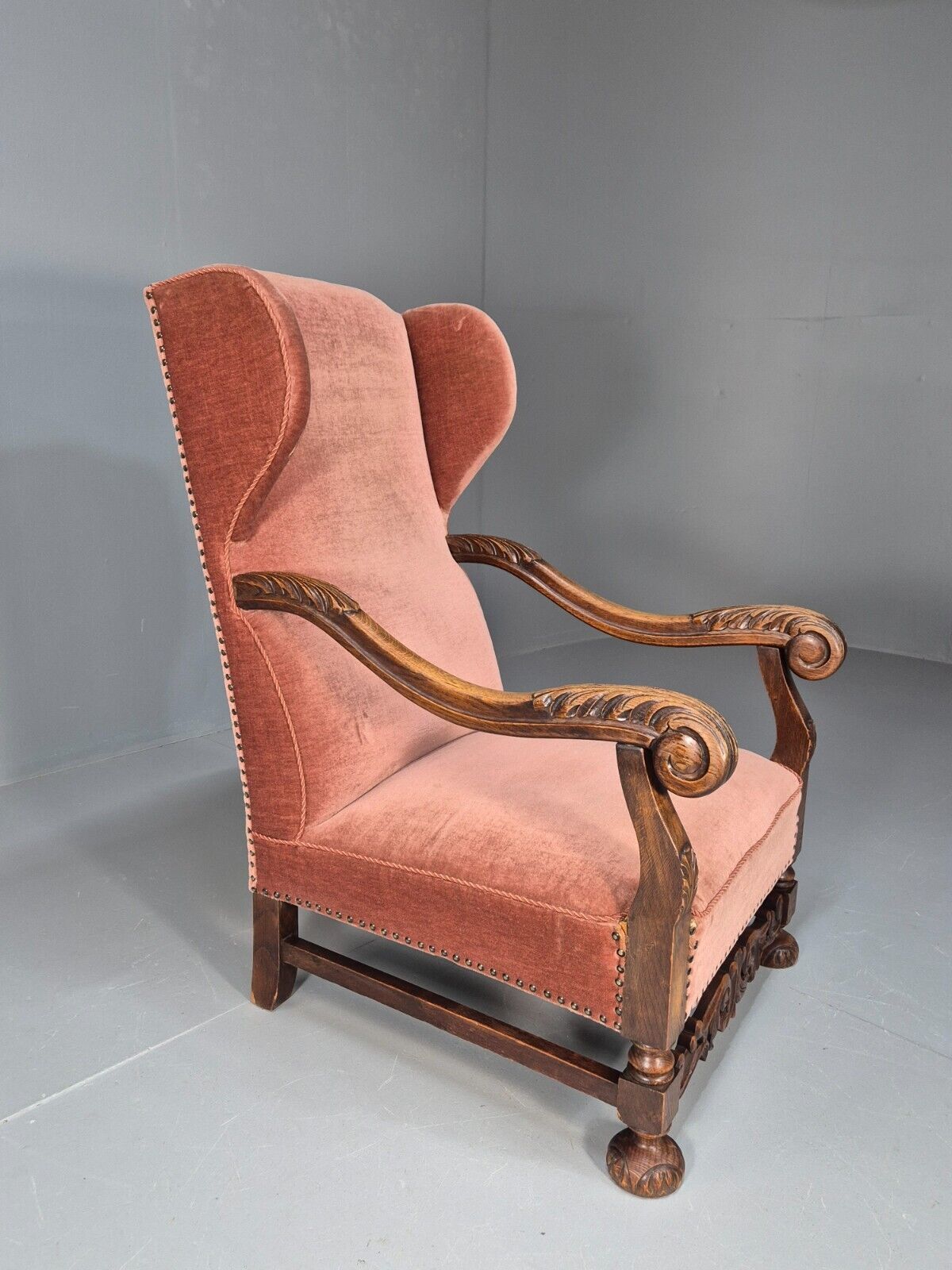 Vintage Danish Lounge Chair Pink Peach Velour Oak 17th Century Style EB8970 VCLO - UKDK FURNITURE