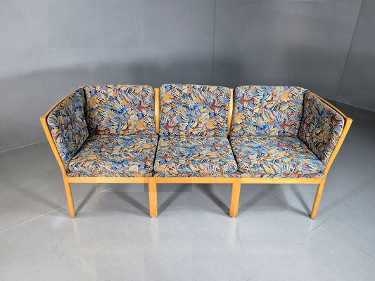 3 Seat Sofa Vintage Danish Blue Floral Beech Frame 1980s Retro EB7279 M3SS1