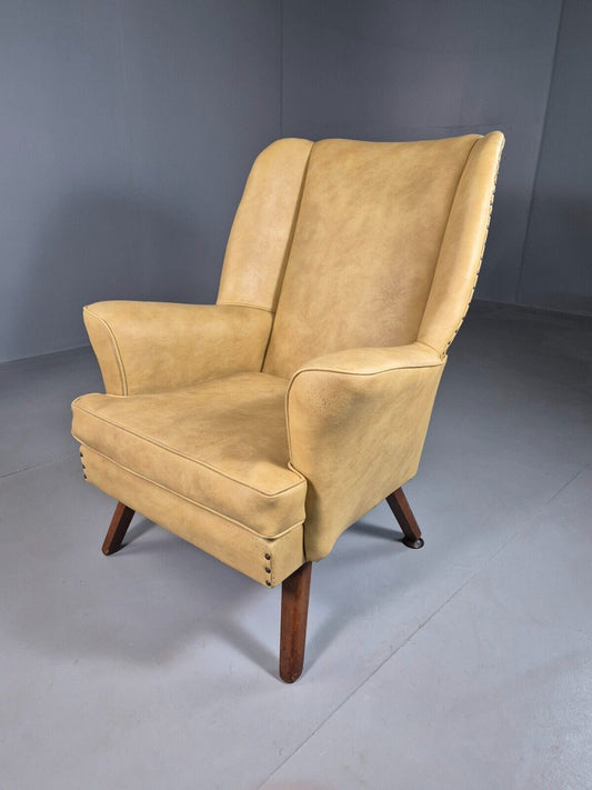 Vintage Wingback Lounge Chair Cream Vinyl Retro MCM 1950s EB6984 MNOR - UKDK FURNITURE