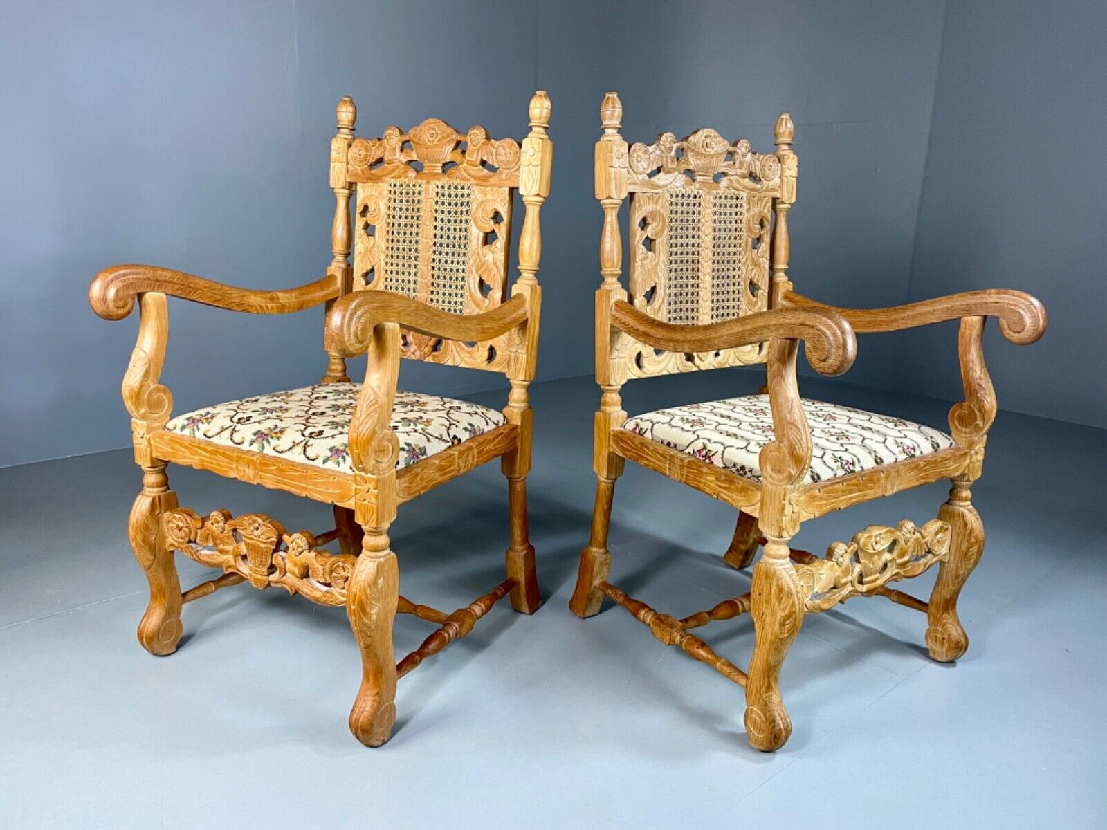 EB5172 2 Vintage Danish Carved Oak Elbow Chairs. Carolean Style, Antique VCAR - UKDK FURNITURE