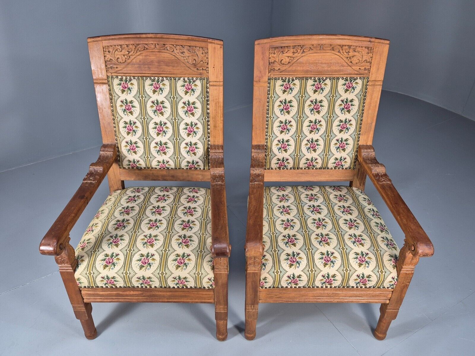 2 Vintage Danish Lounge Chairs Floral Embroidery Oak Frame Antique EB8916 VCAR - UKDK FURNITURE