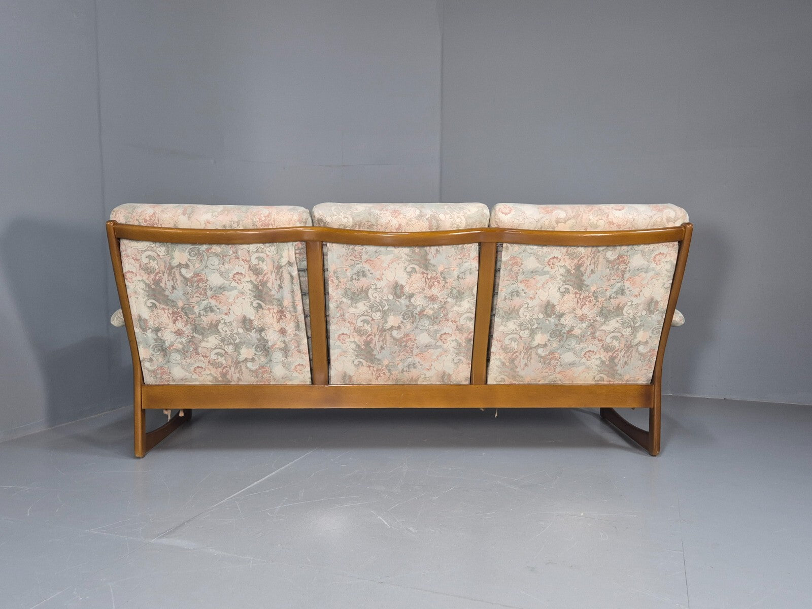 Vintage 1970s Wood Frame 3 Seat Sofa Floral Cotton Upholstery Retro EB9474 M3SS - UKDK FURNITURE