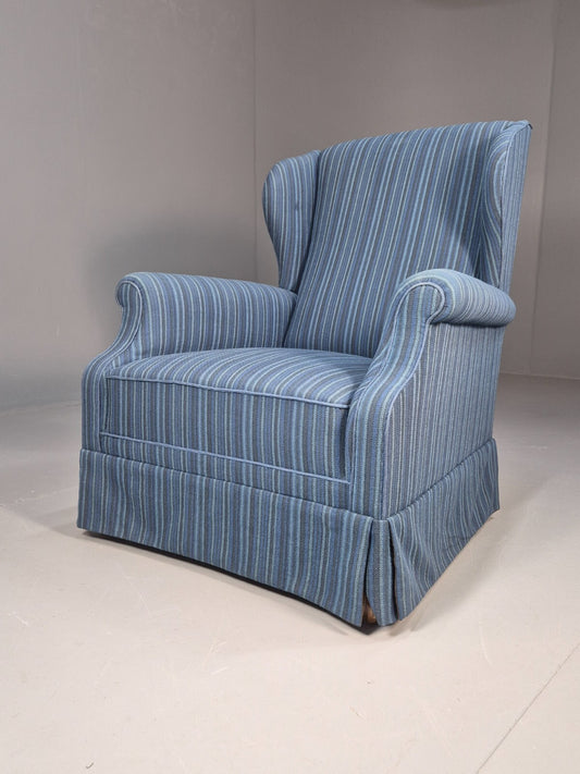 Vintage Danish Wingback Lounge Chair Blue Stripe Wool Cover 1950s Eb9024 VCLO1