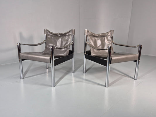 2 Vintage Leather and Chrome Lounge Chairs Safari by Borje Johanson EB11287 MNOR1