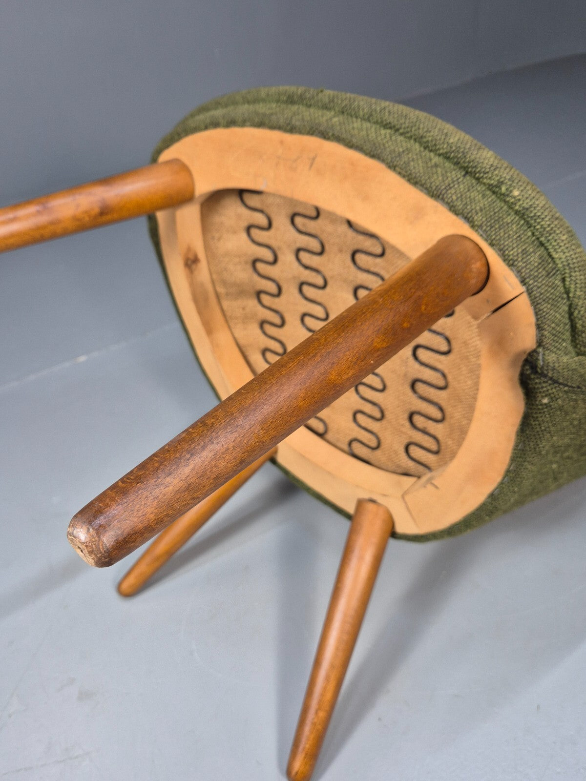 Vintage Danish Lounge Chair Curved Tub Form Green Wool Teak Legs MCM EB9264 MNOR - UKDK FURNITURE