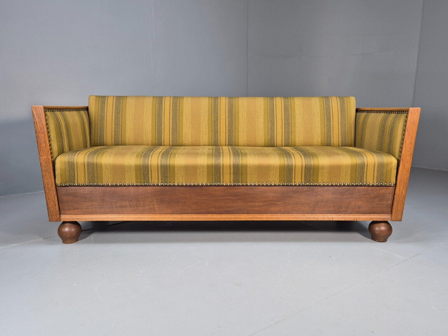 Vintage Danish 3 Seat Sofa Gold Green Wool Oak Frame Antique Style EB8942 V3SS - UKDK FURNITURE
