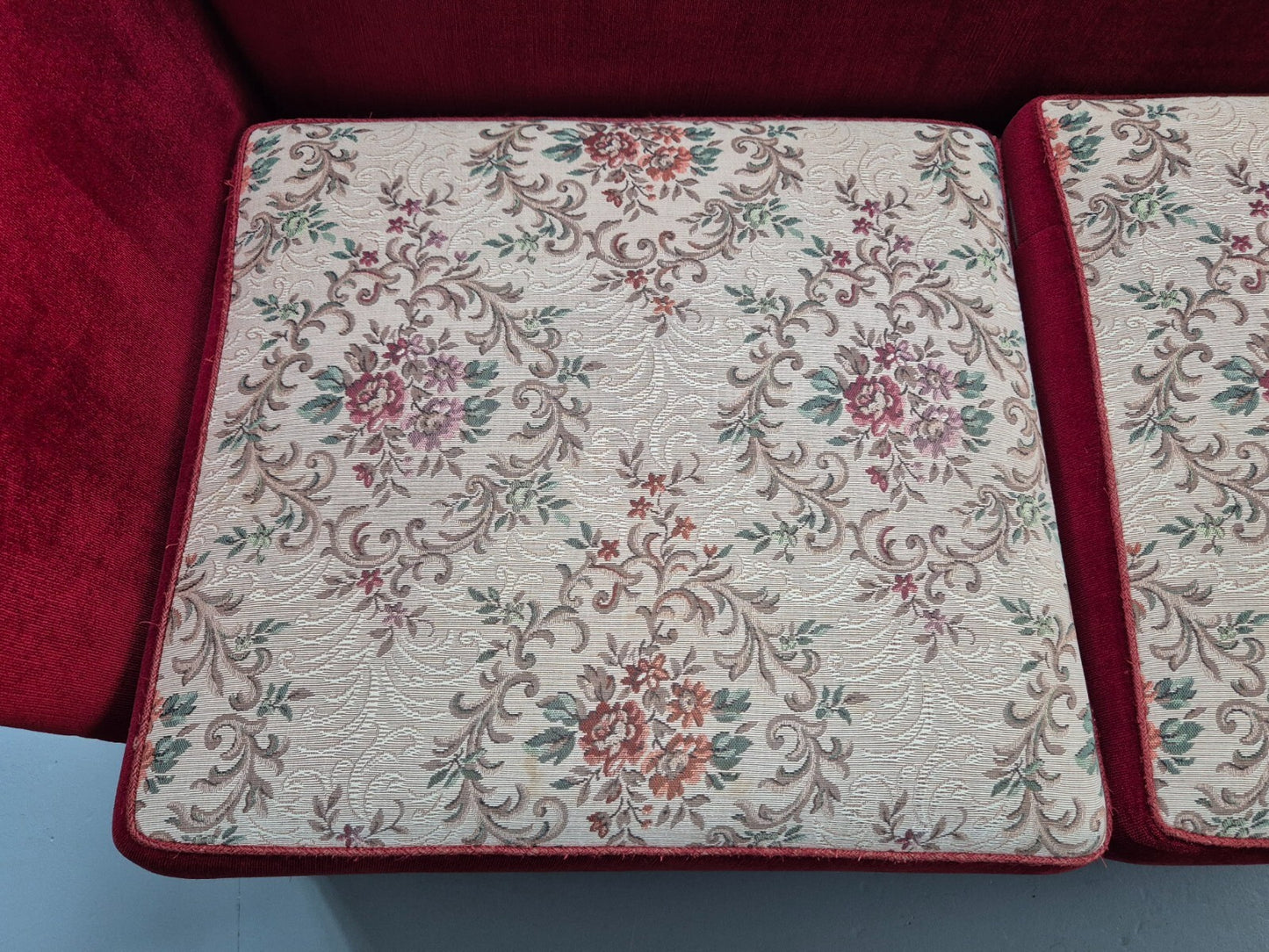 Vintage Danish Knowle Sofa Red Velour Cream Reversible Cushions 60s EB9648 V2SS - UKDK FURNITURE
