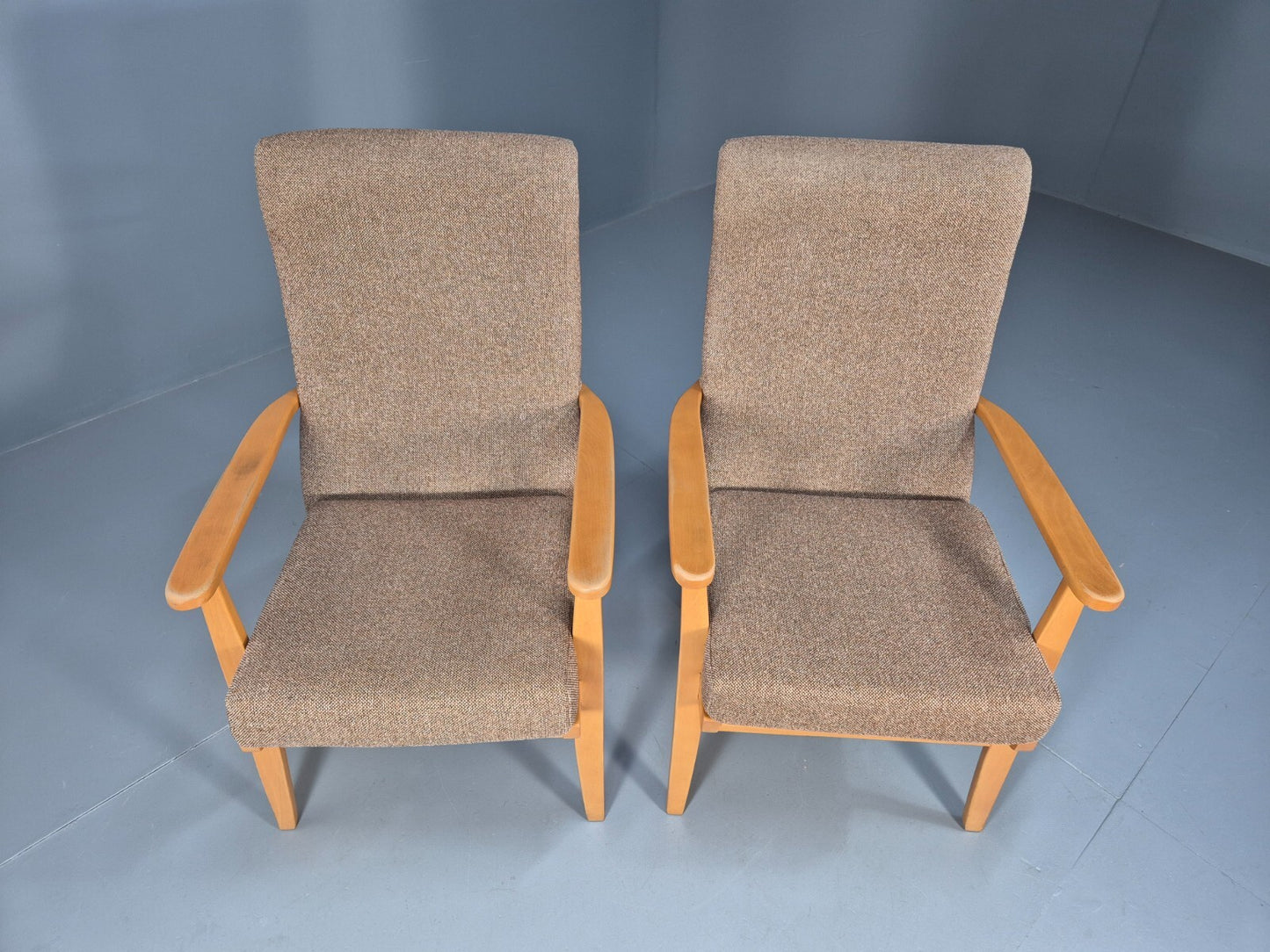 Vintage Oatmeal Armchairs Beech Frame Pair Retro Design EB9489 MNOR - UKDK FURNITURE